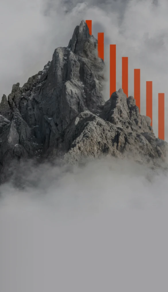 Mountain peak overlaid with icon of rising progress bars.