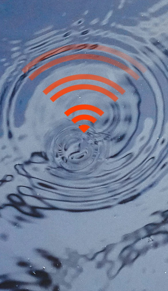 Ripples on water surface overlaid with wireless signal icon.