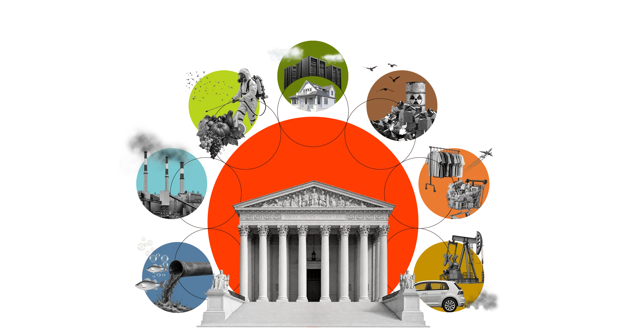 Collage of the Supreme Court building before a red sun, ringed by circles of a factory, a polluted outfall, pesticide spraying, data centres over a house, toxic waste, consumer goods, and an oil pump beside a car.