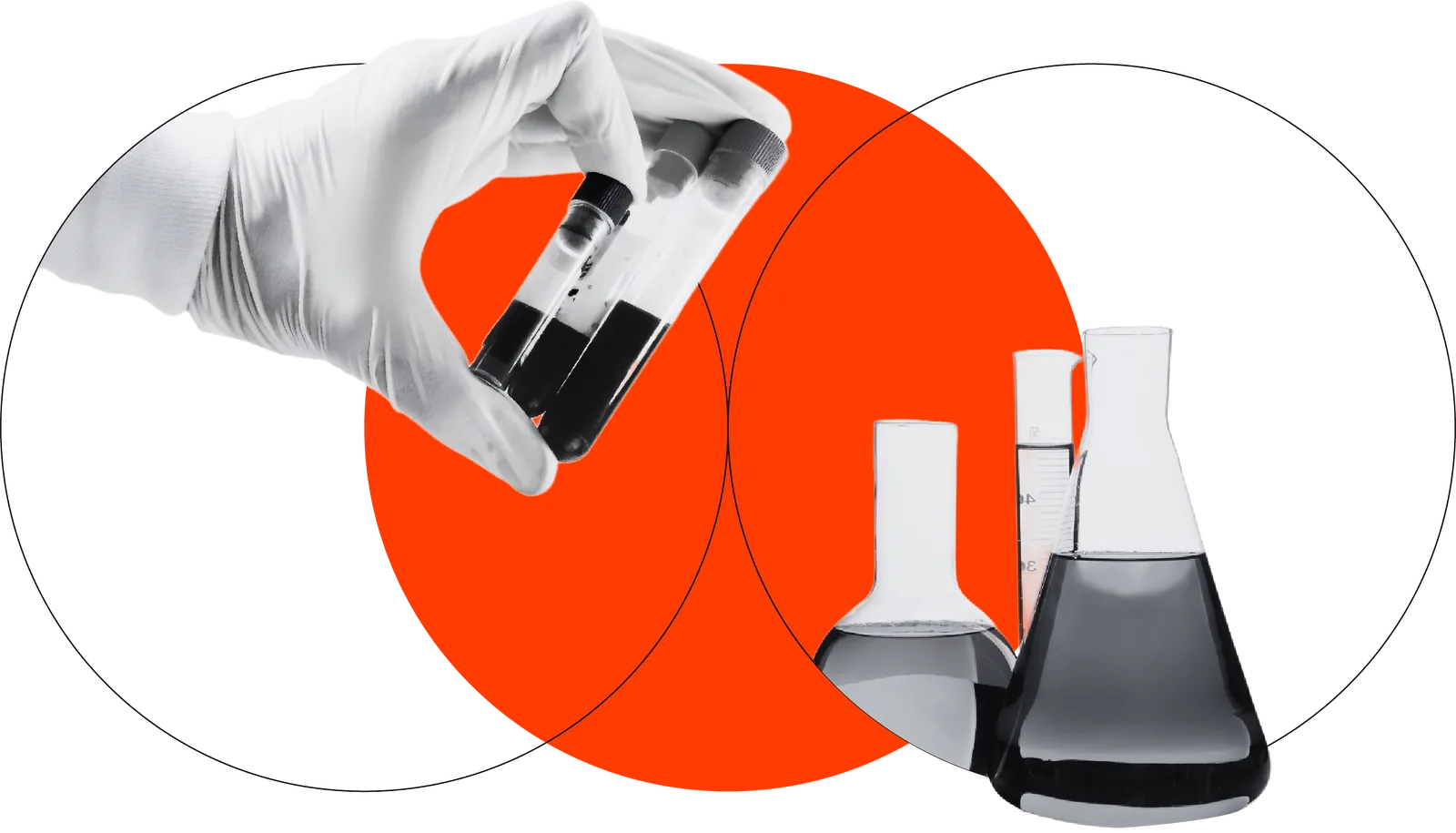 Gloved hand holding test tubes beside laboratory flasks.