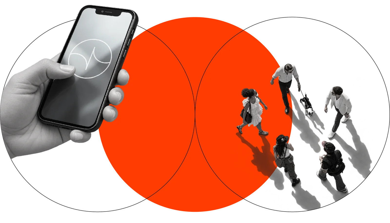 Hand holding a phone beside an overhead view of people walking together.