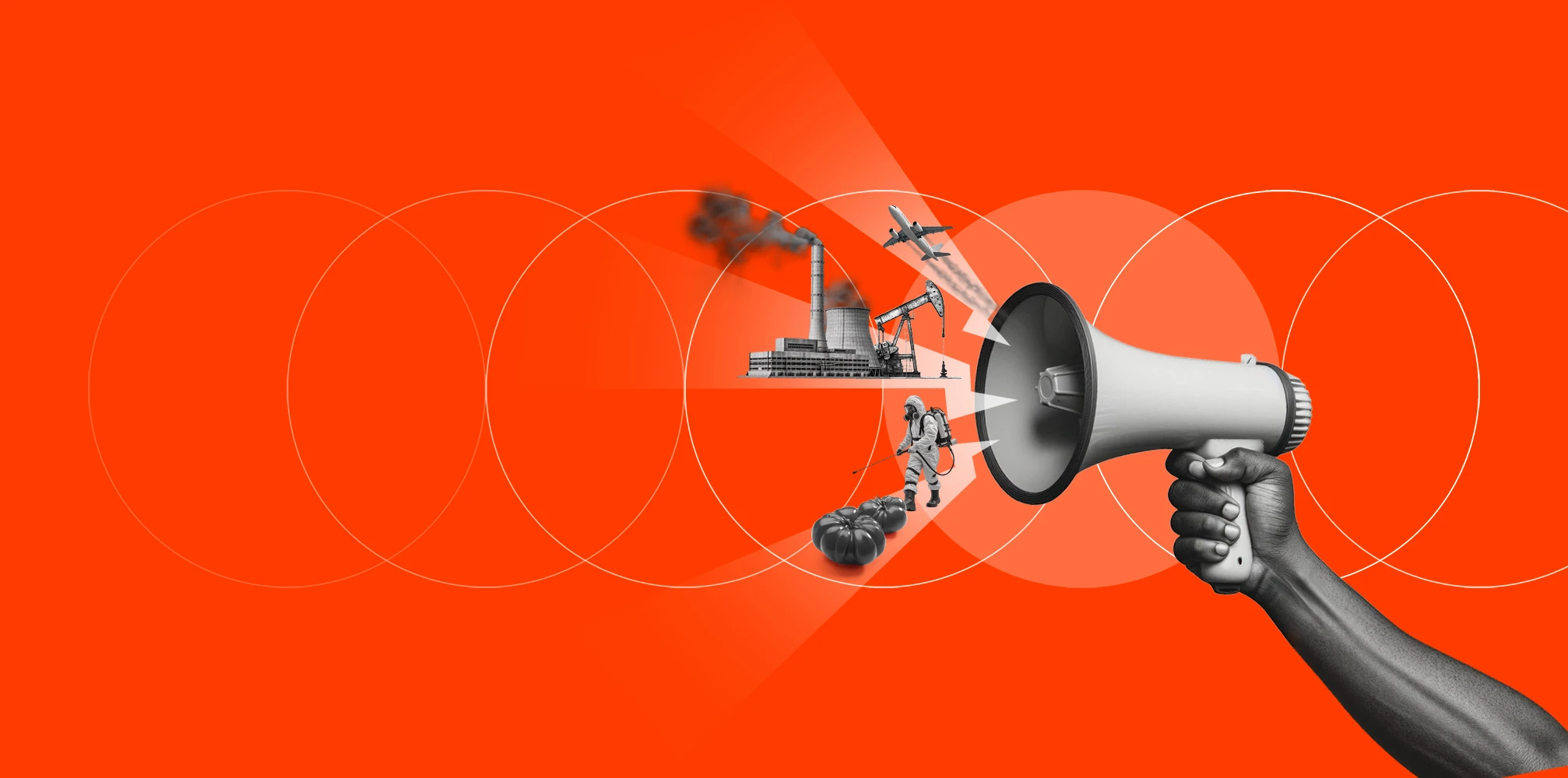 A hand holding a megaphone that blasts away a factory, an oil pump, a plane and a crop sprayer.